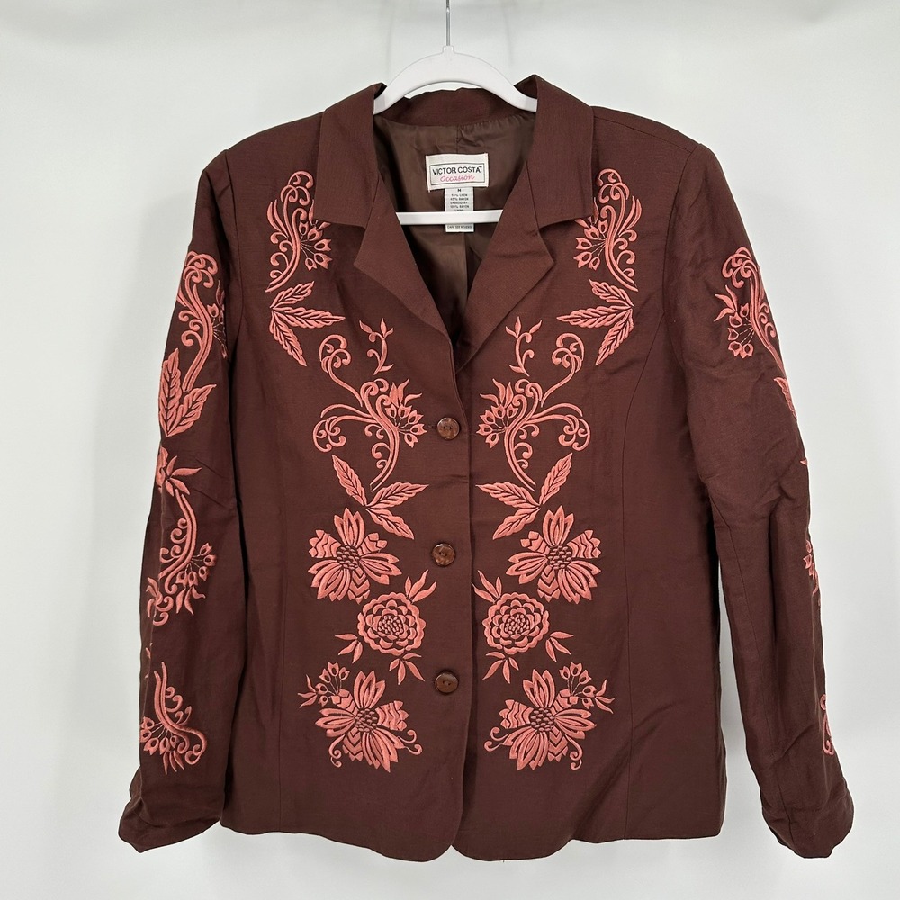 Victor Costa Occasion Women Cottagecore Jacket Sz M Embroidered Floral Statement
